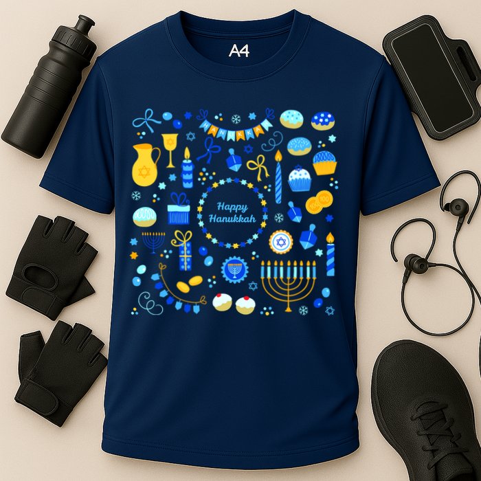 Happy Hanukkah Dreidel Star of David Menorah Mashup Cooling Performance Crew T-Shirt