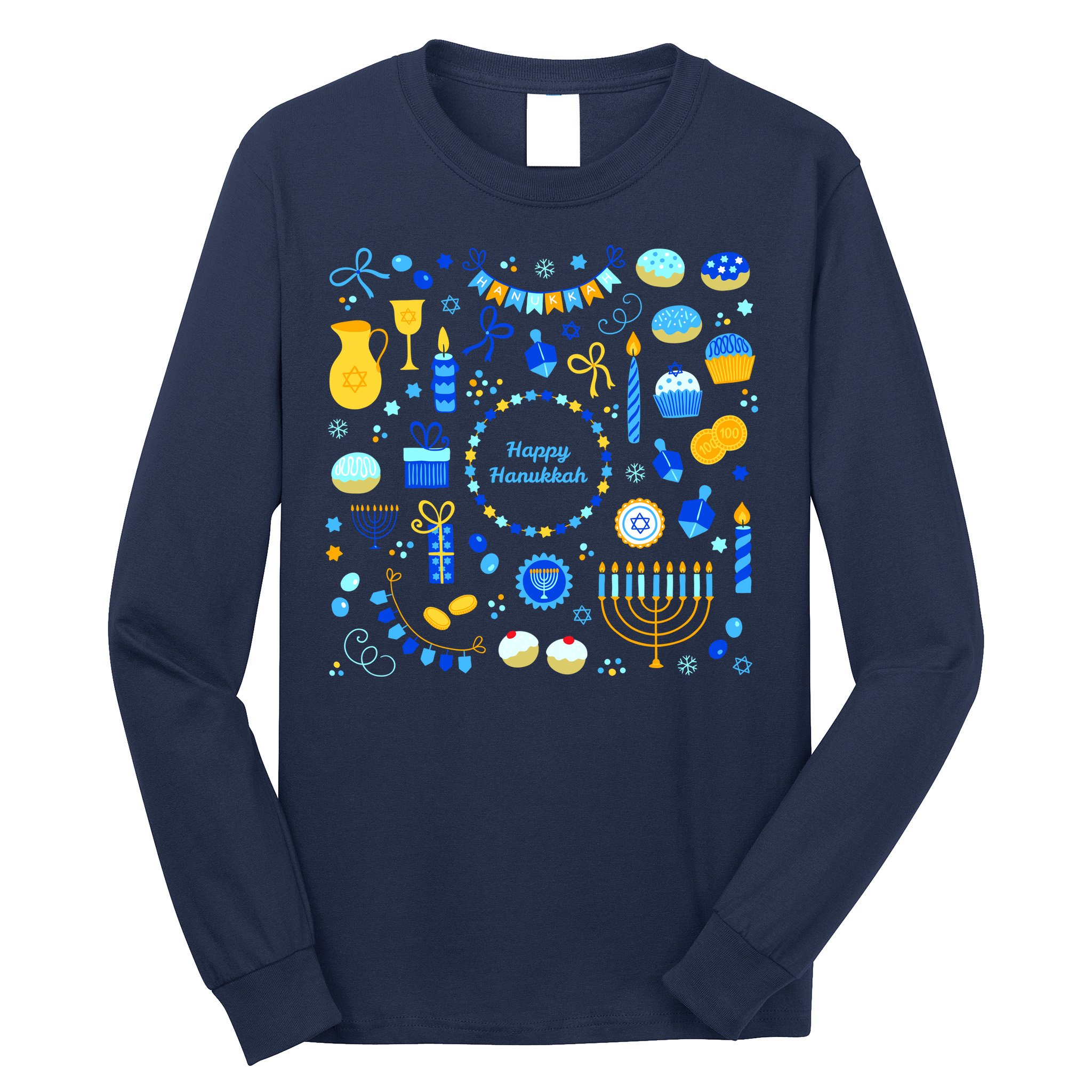 Happy Hanukkah Dreidel Star of David Menorah Mashup Long Sleeve Shirt