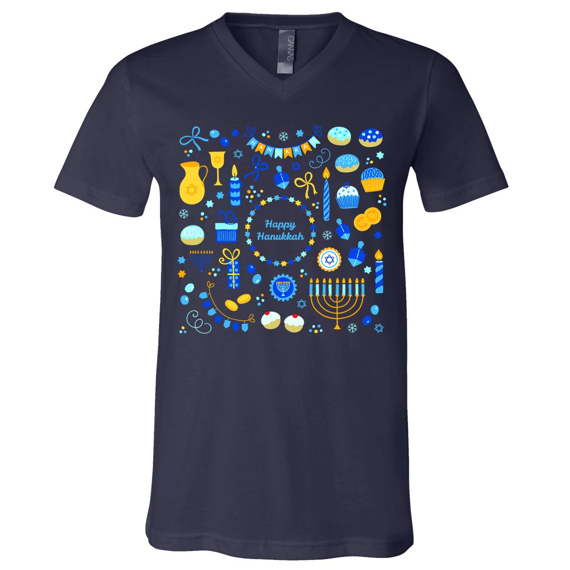 Happy Hanukkah Dreidel Star of David Menorah Mashup V-Neck T-Shirt