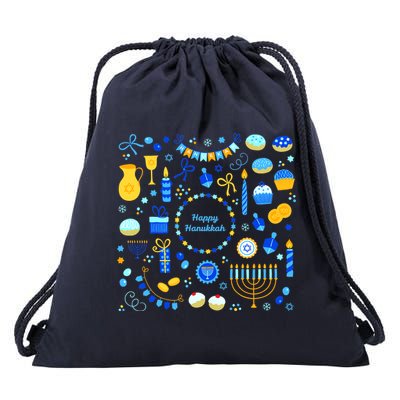 Happy Hanukkah Dreidel Star of David Menorah Mashup Drawstring Bag