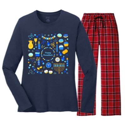 Happy Hanukkah Dreidel Star of David Menorah Mashup Women's Long Sleeve Flannel Pajama Set 