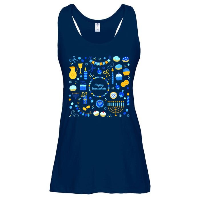 Happy Hanukkah Dreidel Star of David Menorah Mashup Ladies Essential Flowy Tank