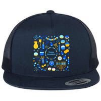 Happy Hanukkah Dreidel Star of David Menorah Mashup Flat Bill Trucker Hat