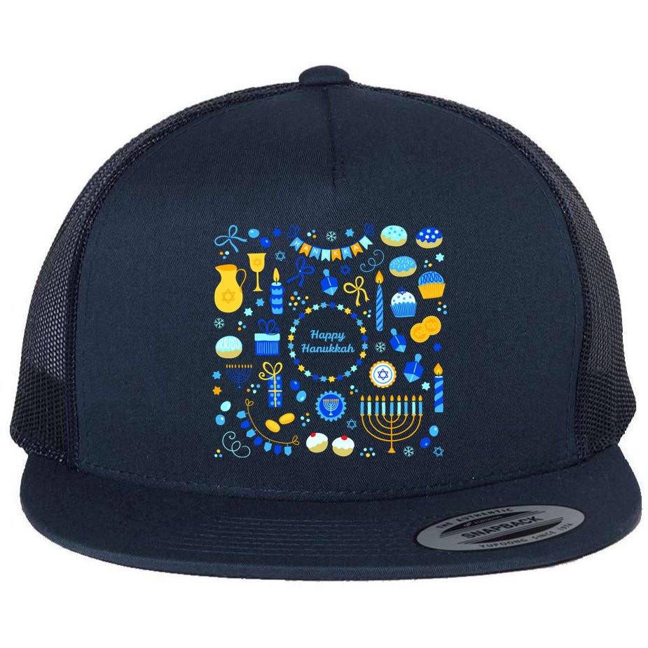 Happy Hanukkah Dreidel Star of David Menorah Mashup Flat Bill Trucker Hat