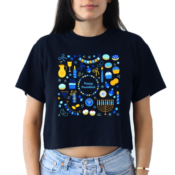 Happy Hanukkah Dreidel Star of David Menorah Mashup Women's Crop Top Tee