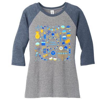 Happy Hanukkah Dreidel Star of David Menorah Mashup Women's Tri-Blend 3/4-Sleeve Raglan Shirt