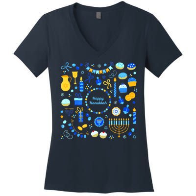 Happy Hanukkah Dreidel Star of David Menorah Mashup Women's V-Neck T-Shirt