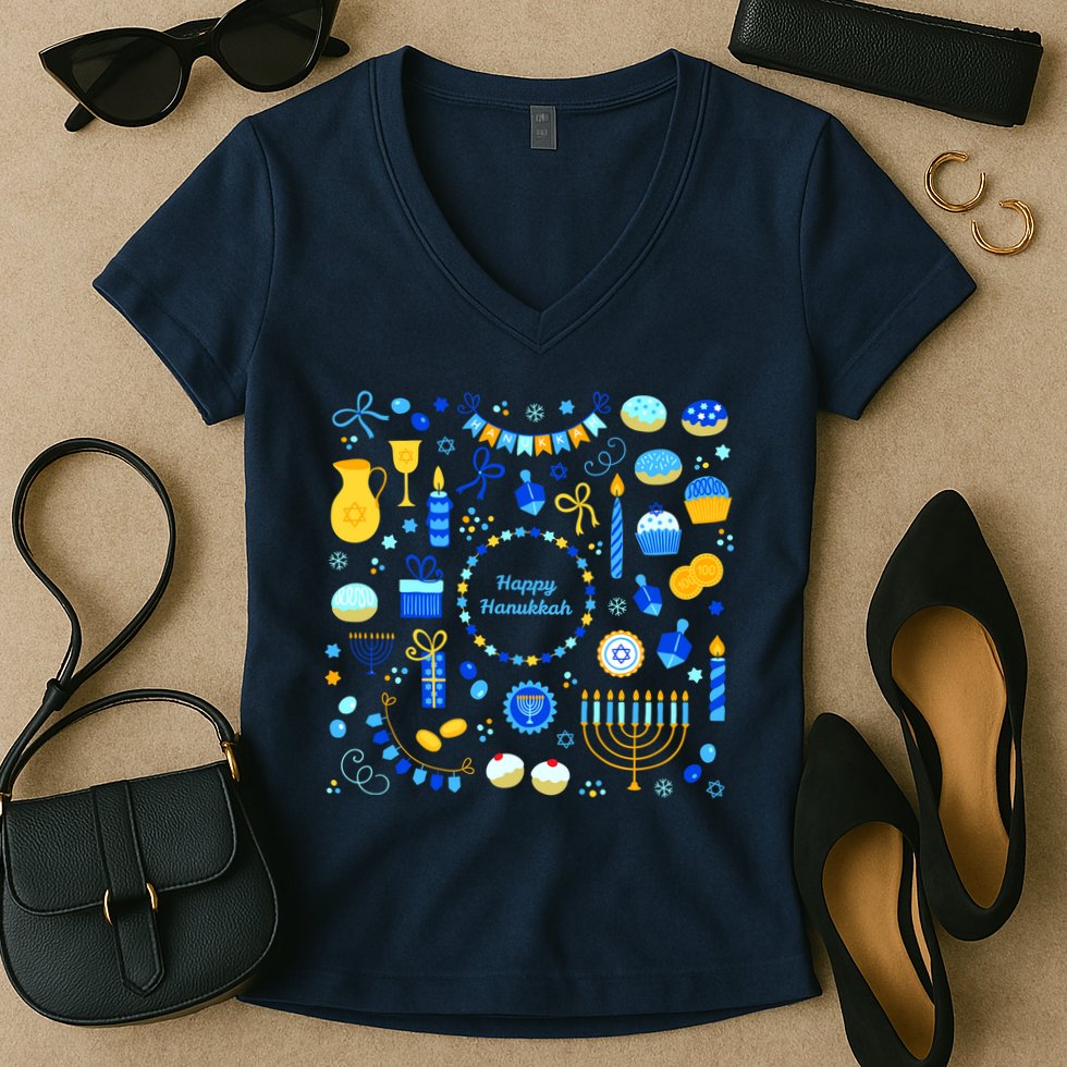 Happy Hanukkah Dreidel Star of David Menorah Mashup Women's V-Neck T-Shirt