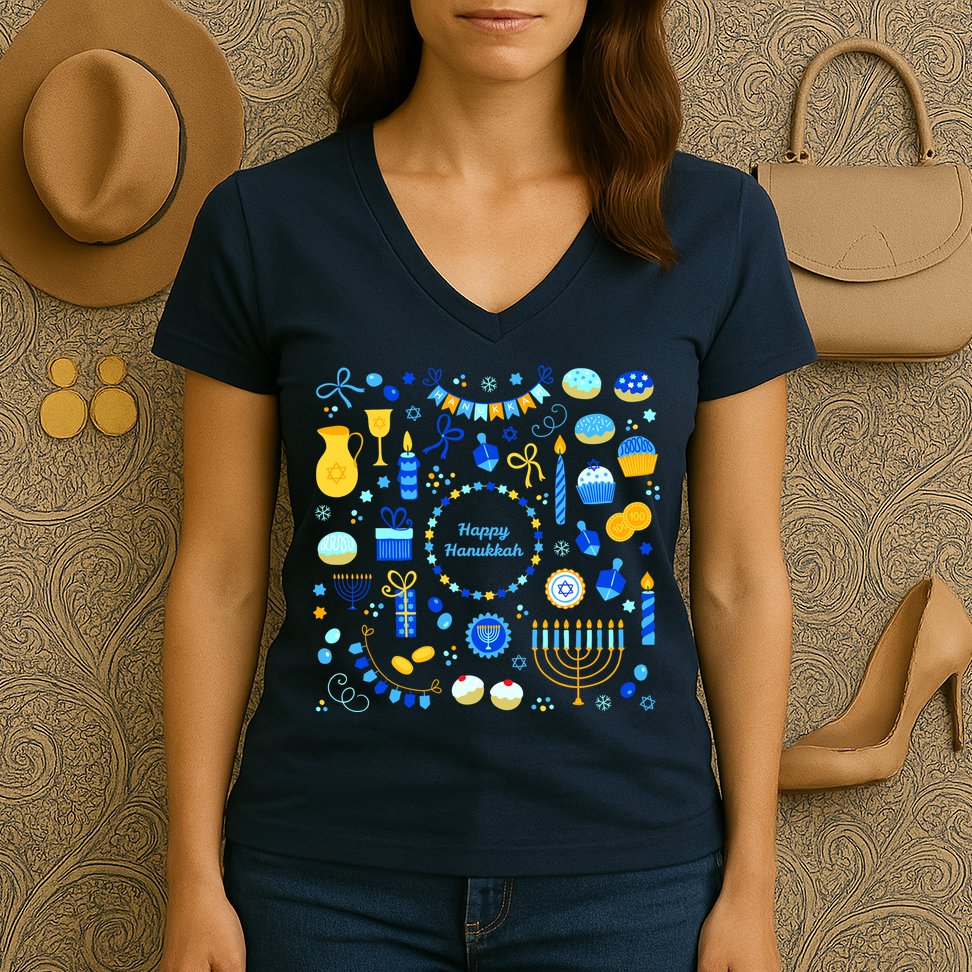Happy Hanukkah Dreidel Star of David Menorah Mashup Women's V-Neck T-Shirt