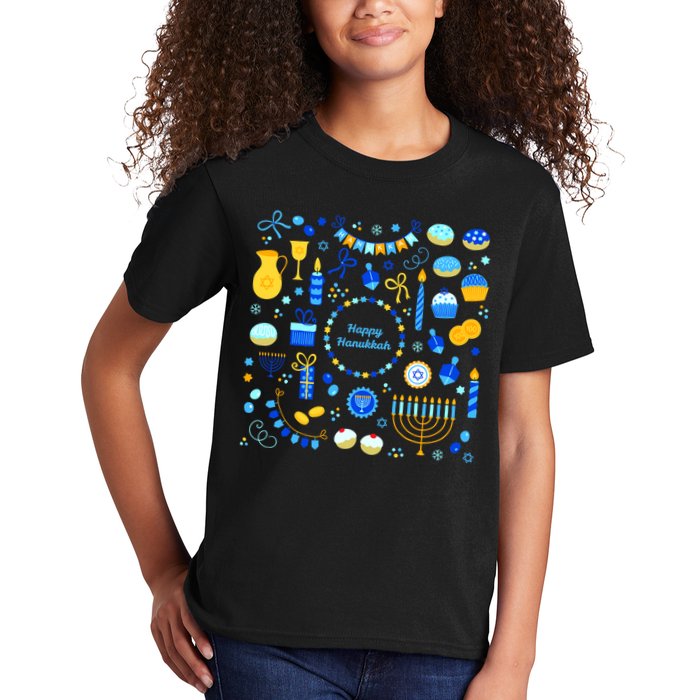 Happy Hanukkah Dreidel Star of David Menorah Mashup Kids T-Shirt