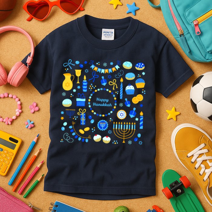 Happy Hanukkah Dreidel Star of David Menorah Mashup Kids T-Shirt