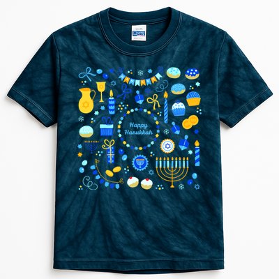 Happy Hanukkah Dreidel Star of David Menorah Mashup Kids Tie-Dye T-Shirt