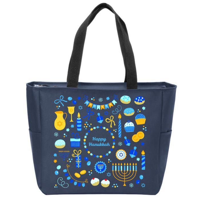 Happy Hanukkah Dreidel Star of David Menorah Mashup Zip Tote Bag