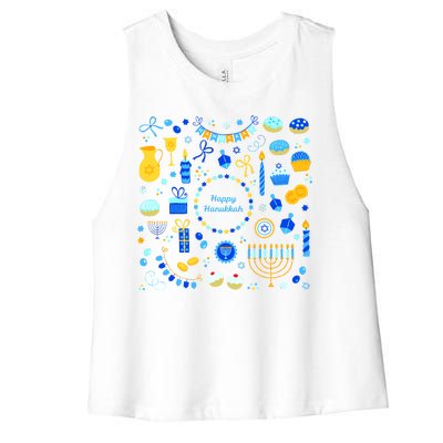 Happy Hanukkah Dreidel Star of David Menorah Mashup Women's Racerback Cropped Tank