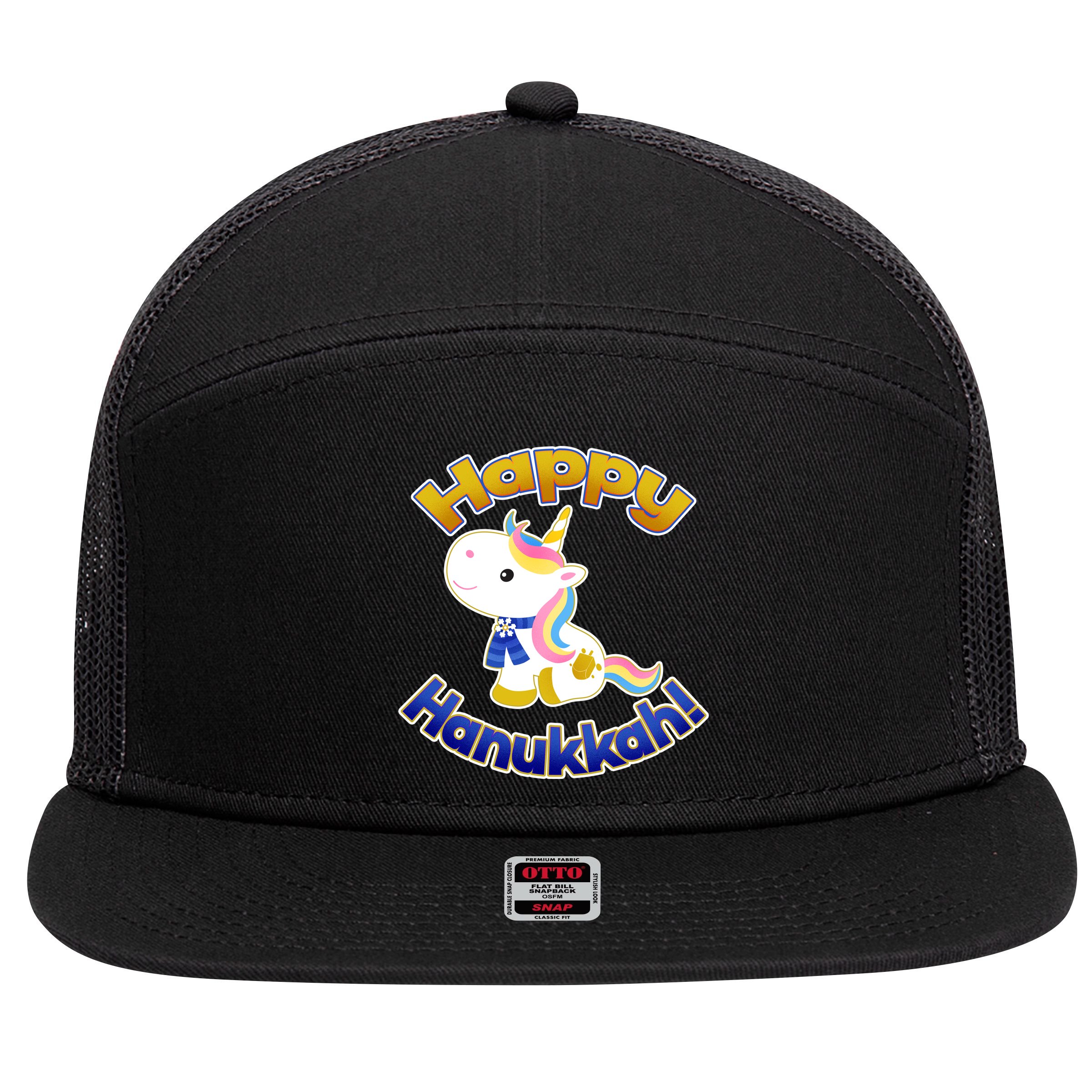 Happy Hanukkah Unicorn 7 Panel Mesh Trucker Snapback Hat