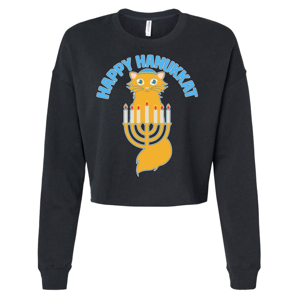 Happy Hanukkat Hanukkah Jewish Cat Cropped Pullover Crew