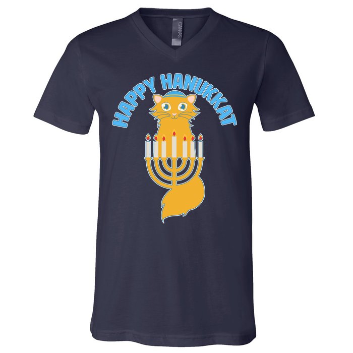 Happy Hanukkat Hanukkah Jewish Cat V-Neck T-Shirt