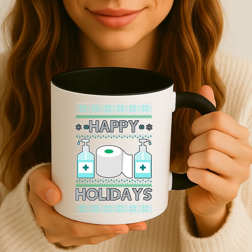Happy Holidays Toilet Paper Hand Sanitizer Ugly Christmas Sweater  Mug