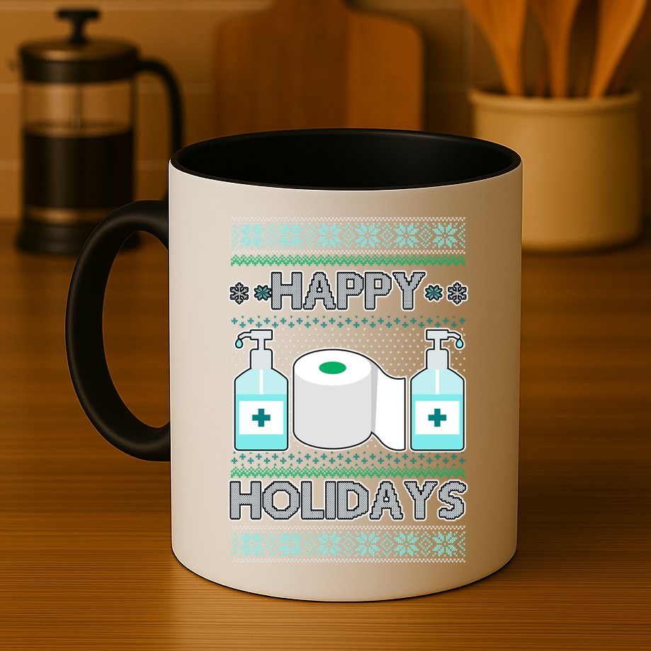 Happy Holidays Toilet Paper Hand Sanitizer Ugly Christmas Sweater  Mug