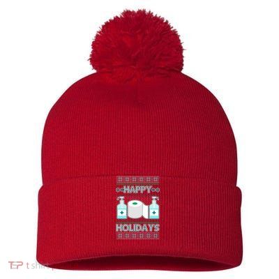 Happy Holidays Toilet Paper Hand Sanitizer Ugly Christmas Sweater  Pom Pom 12in Knit Beanie