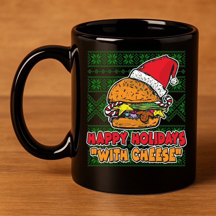 Happy Holidays With Cheese Ugly Christmas Sweater 11oz C Handle Ceramic Mug
