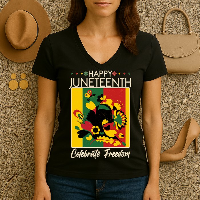 Happy Juneteenth Celebrate Freedom  Abstract Art Women's V-Neck T-Shirt