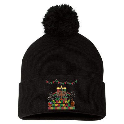 Happy Kwanzaa Traditional Colors Kinara Candles Pom Pom 12in Knit Beanie