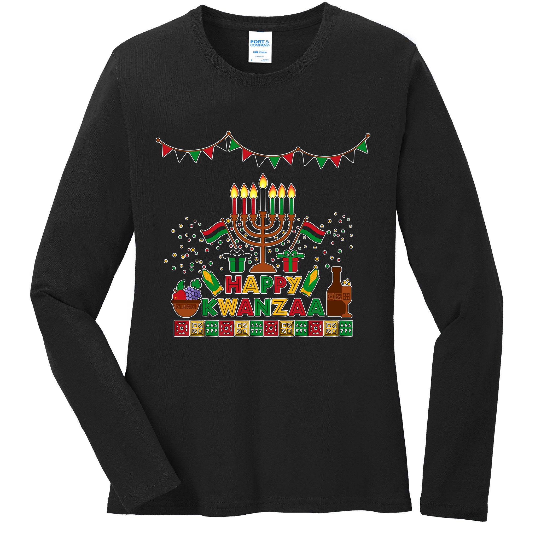 Happy Kwanzaa Traditional Colors Kinara Candles Ladies Long Sleeve Shirt