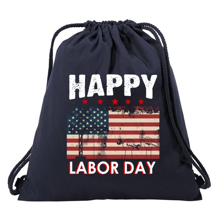 Happy Labor Day American Workers Flag Drawstring Bag