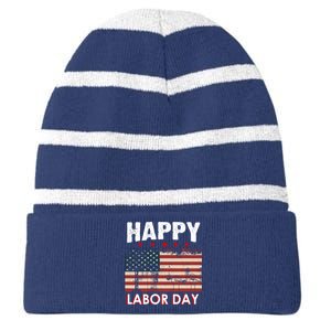 Happy Labor Day American Workers Flag Striped Beanie with Solid Band