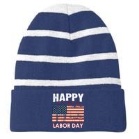 Happy Labor Day American Workers Flag Striped Beanie with Solid Band