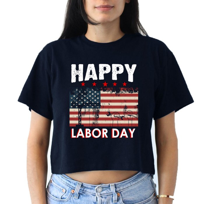 Happy Labor Day American Workers Flag Women's Crop Top Tee