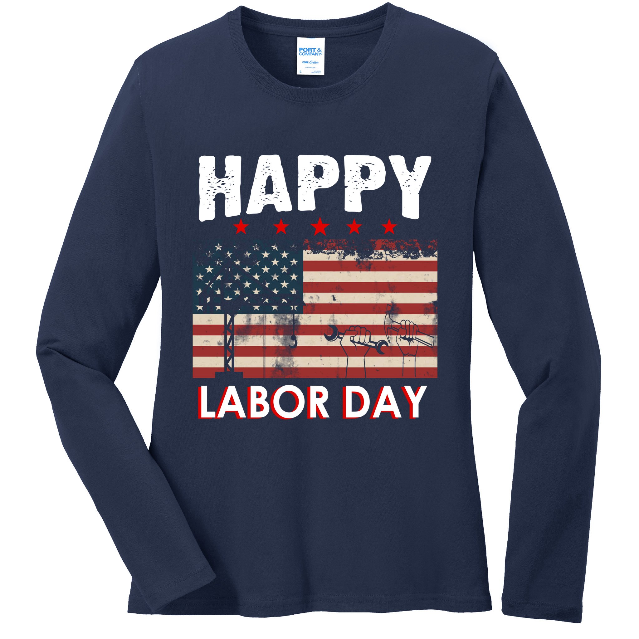 Happy Labor Day American Workers Flag Ladies Long Sleeve Shirt