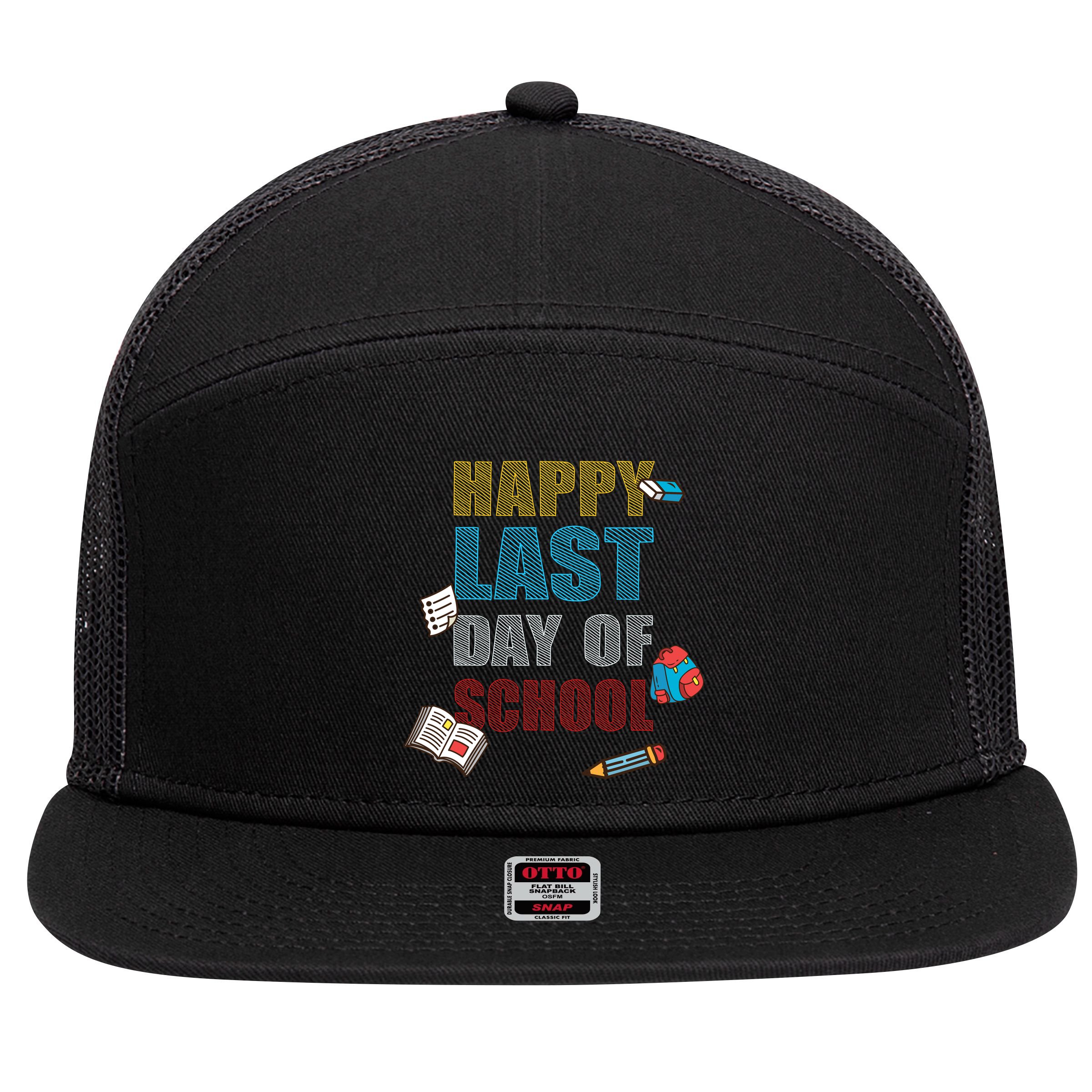 Happy Last Day Of School Supplies 7 Panel Mesh Trucker Snapback Hat
