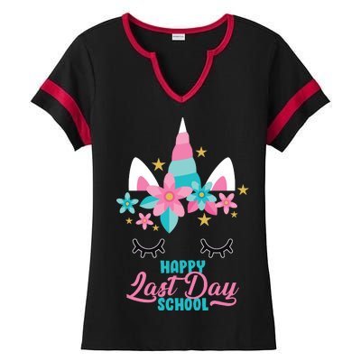 Happy Last Day Of School Unicorn Face Ladies Halftime Notch Neck Tee