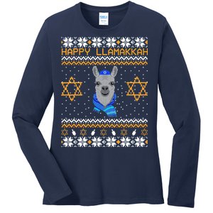 Happy Llamakah Ugly Hanukkah Ladies Long Sleeve Shirt