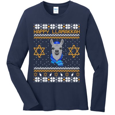 Happy Llamakah Ugly Hanukkah Ladies Long Sleeve Shirt