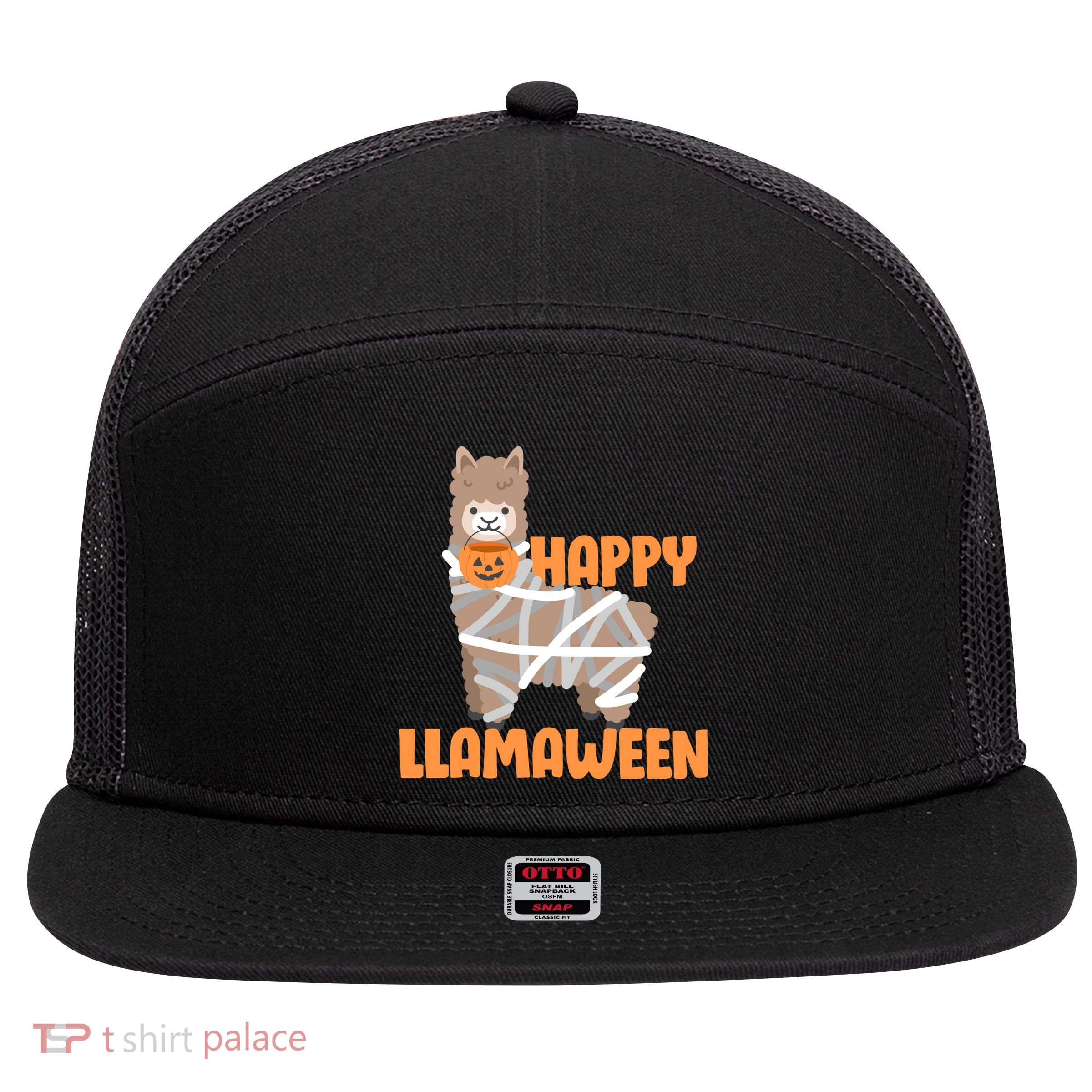 Happy Llamaween Llama Halloween 7 Panel Mesh Trucker Snapback Hat