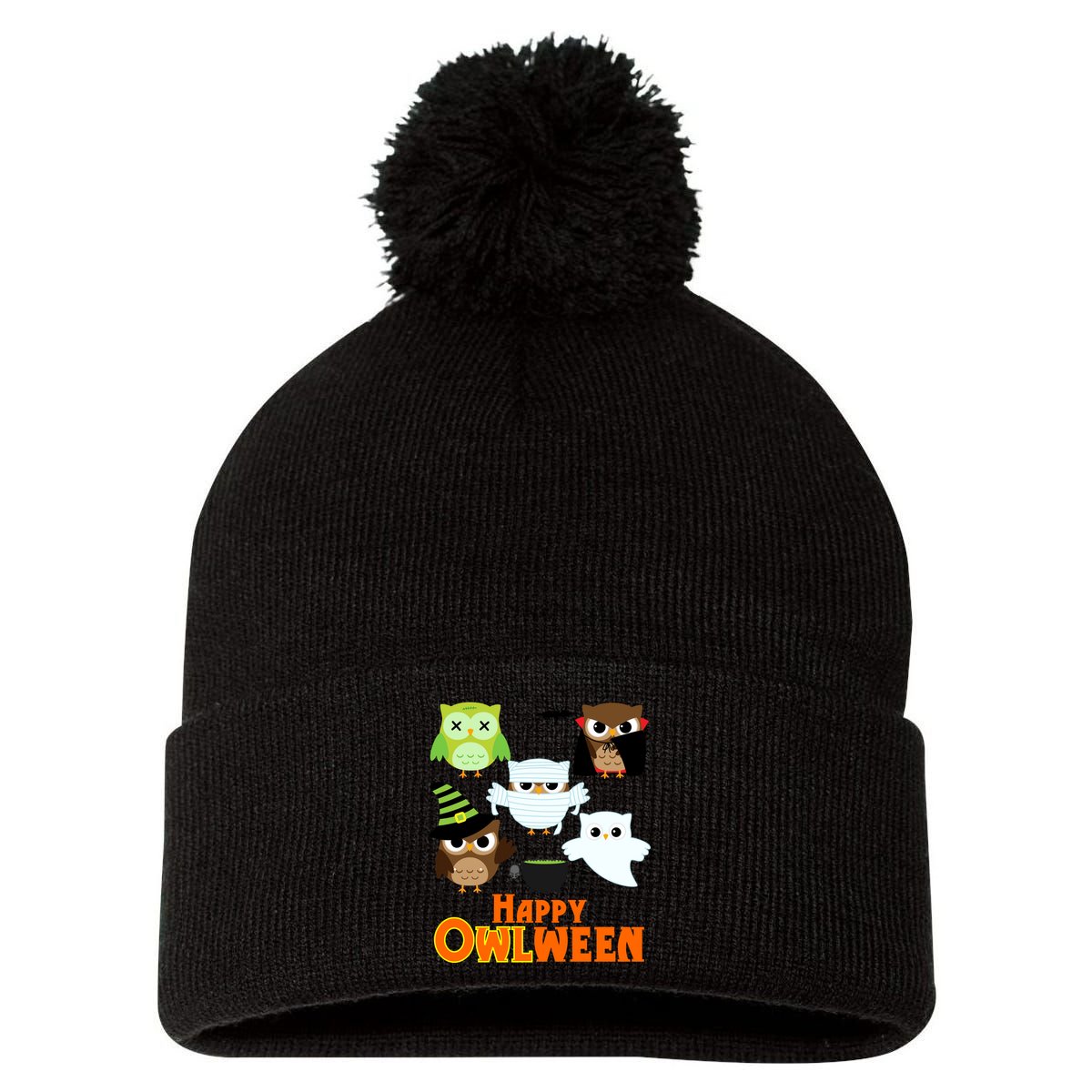 Happy OWLween Halloween Cute Pom Pom 12in Knit Beanie