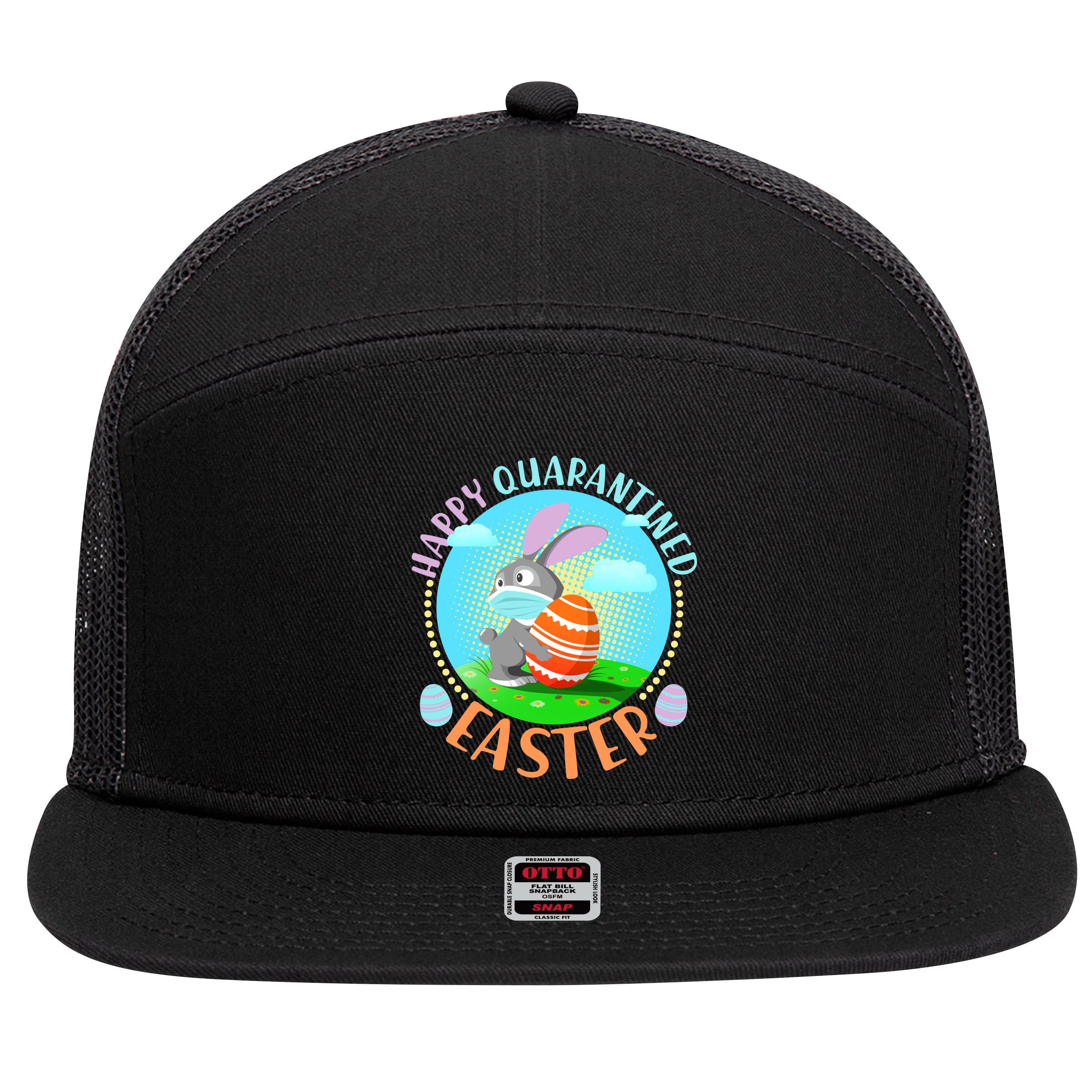 Happy Quarantined Easter Bunny With Mask And Egg 7 Panel Mesh Trucker Snapback Hat