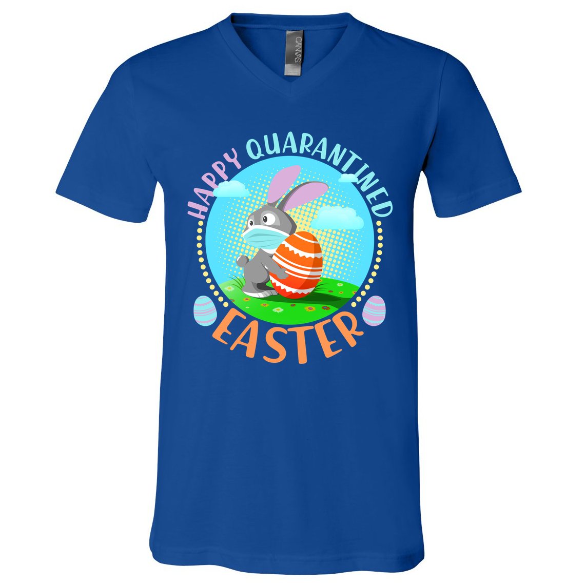 Happy Quarantined Easter Bunny With Mask And Egg V-Neck T-Shirt