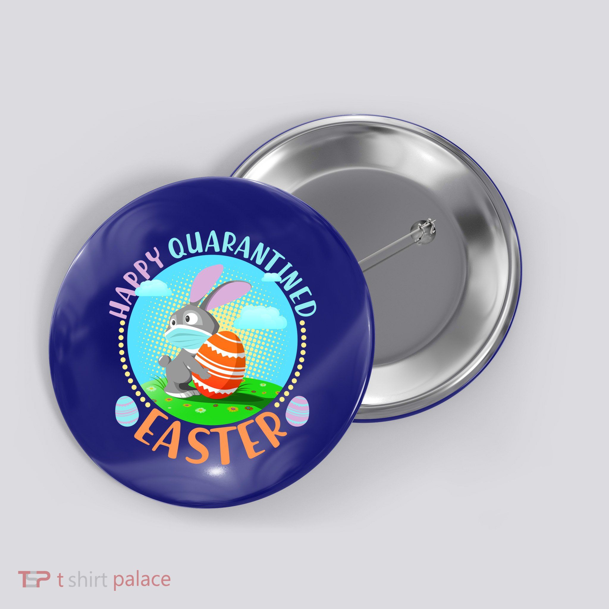 Happy Quarantined Easter Bunny With Mask And Egg Button