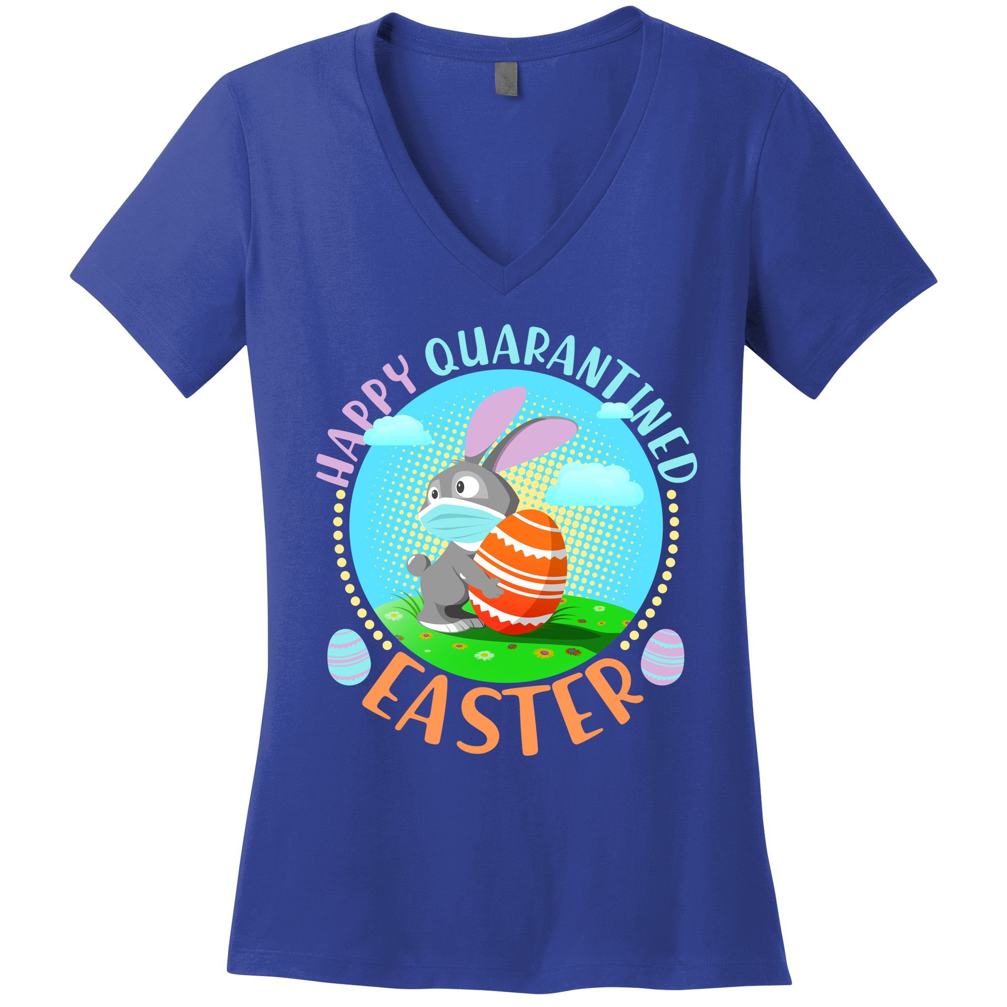 Happy Quarantined Easter Bunny With Mask And Egg Women's V-Neck T-Shirt
