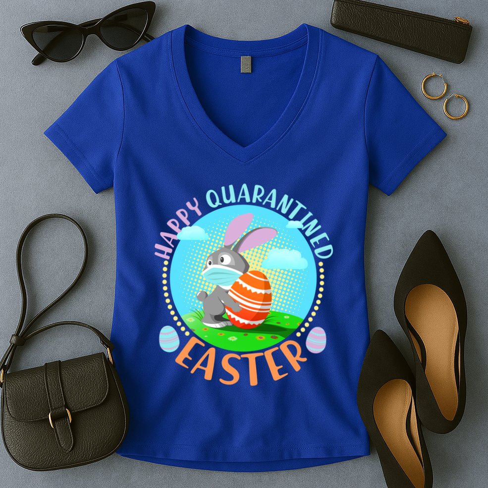 Happy Quarantined Easter Bunny With Mask And Egg Women's V-Neck T-Shirt