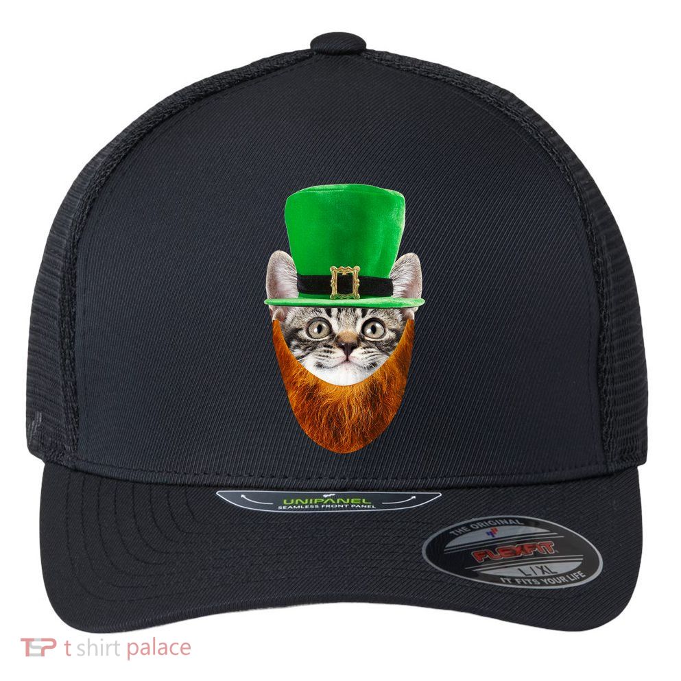 Happy St Catrick's Day Funny Cat Ginger Beard St Patrick's Day Flexfit Unipanel Trucker Cap
