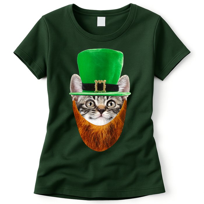 Happy St Catrick's Day Funny Cat Ginger Beard St Patrick's Day Womens T-Shirt