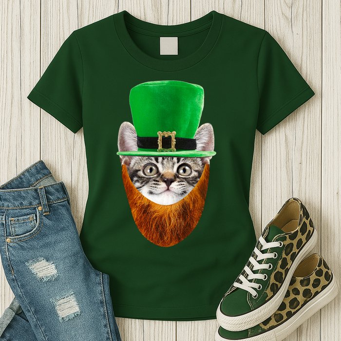 Happy St Catrick's Day Funny Cat Ginger Beard St Patrick's Day Womens T-Shirt