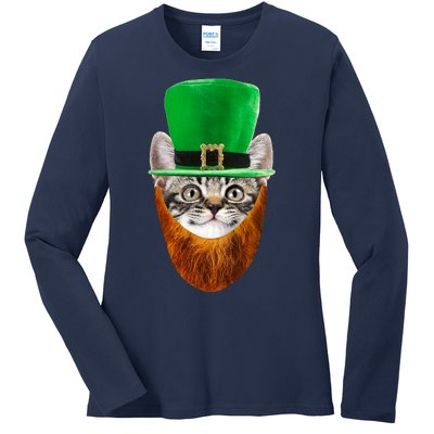 Happy St Catrick's Day Funny Cat Ginger Beard St Patrick's Day Ladies Long Sleeve Shirt