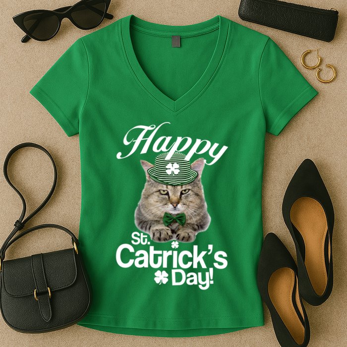 Happy St Catrick's Day Irish Cat Women's V-Neck T-Shirt
