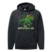 Happy St PaTREX Day Leprechaun Riding T-Rex Dinosaur Performance Fleece Hoodie